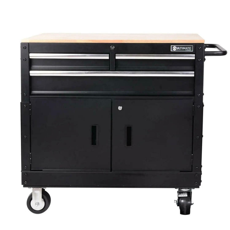 ULTIMATE 36" Mobile Workbench (Tool Chest Storage Cabinet) with Wooden Top and Steel Frame