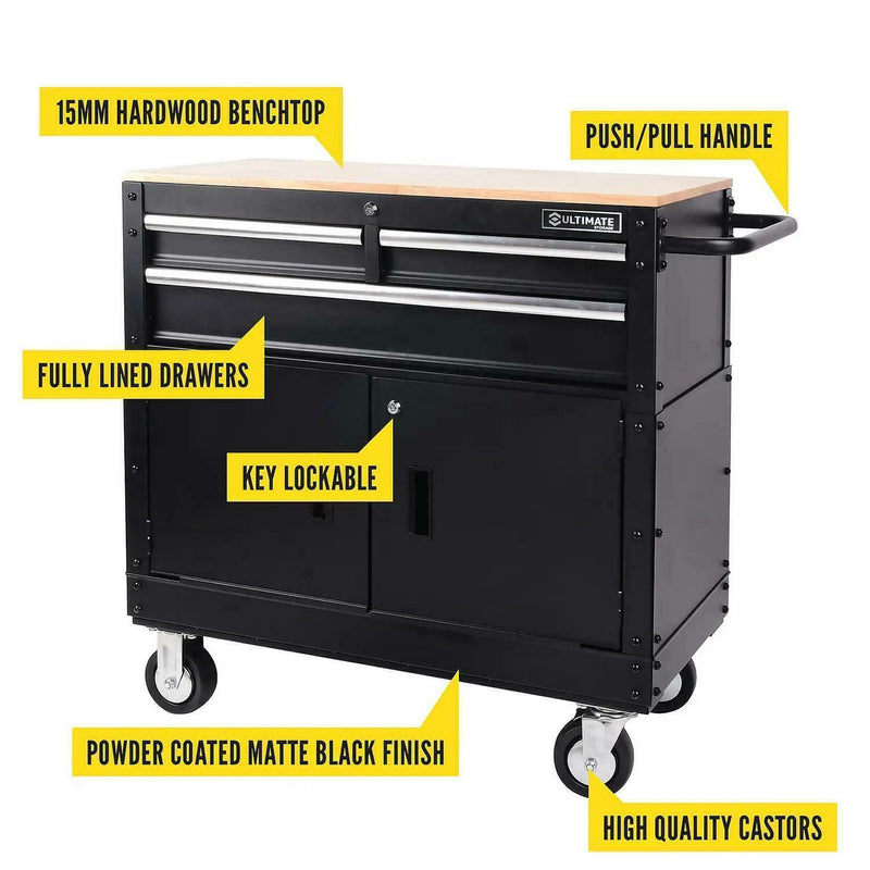 ULTIMATE 36" Mobile Workbench (Tool Chest Storage Cabinet) with Wooden Top and Steel Frame