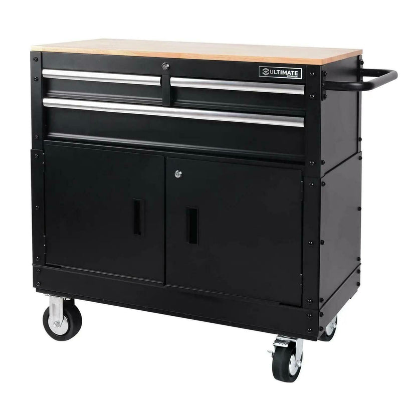 ULTIMATE 36" Mobile Workbench (Tool Chest Storage Cabinet) with Wooden Top and Steel Frame